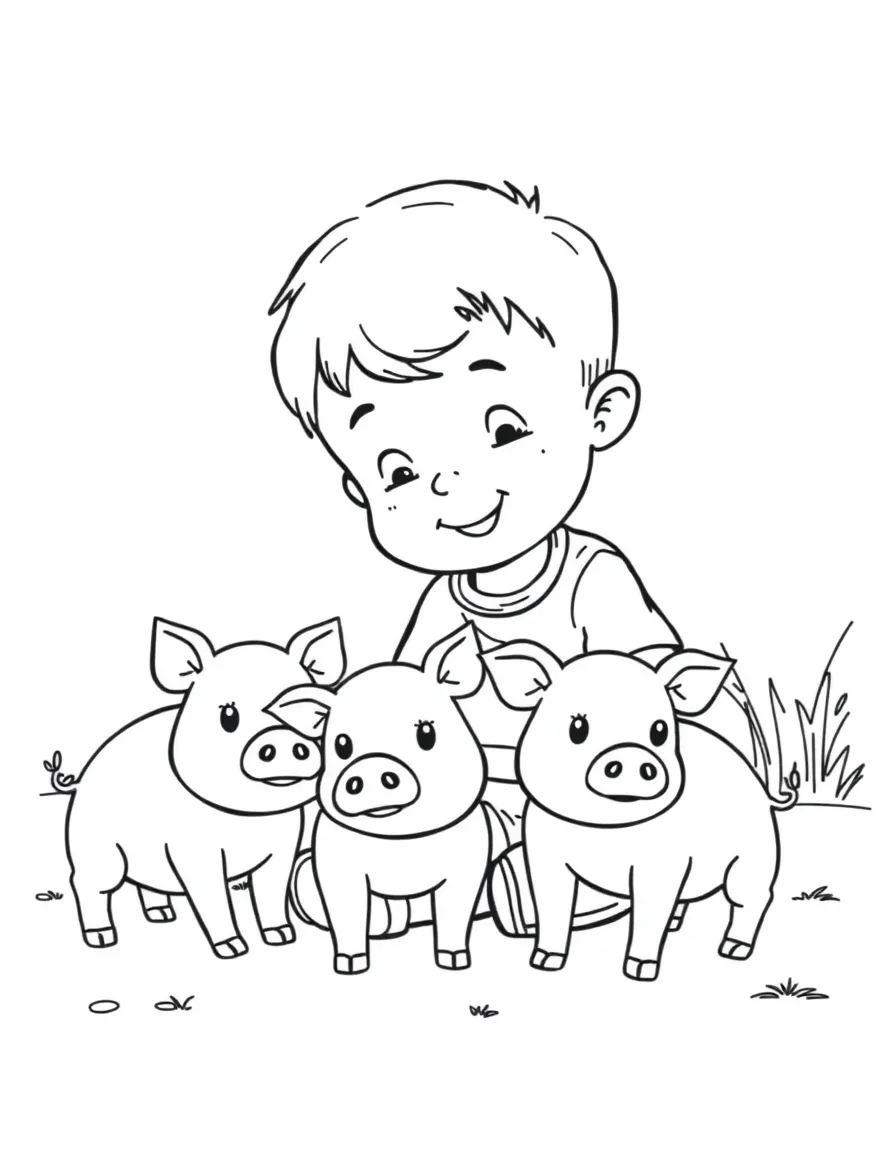 A boy playing with toy pigs, making oink sounds.