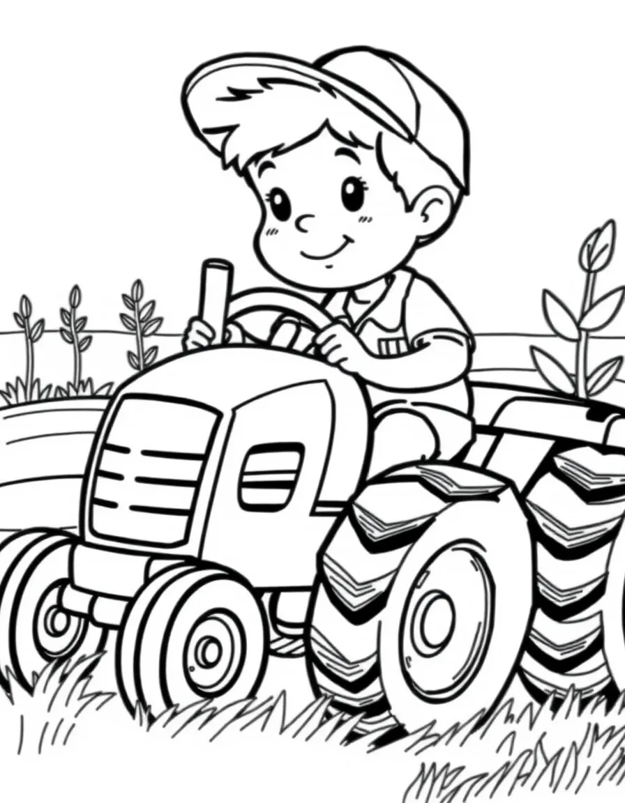 A boy pretending to be a farmer, driving a toy tractor.