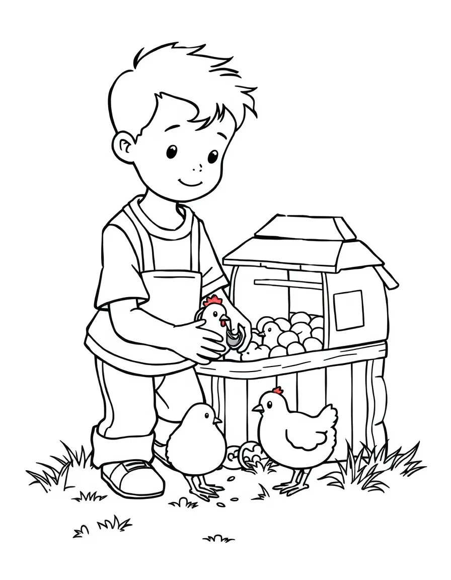 A boy making a "chicken coop" for toy chickens.