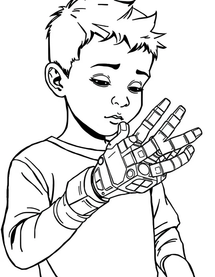 A boy making a "robot hand" out of cardboard.