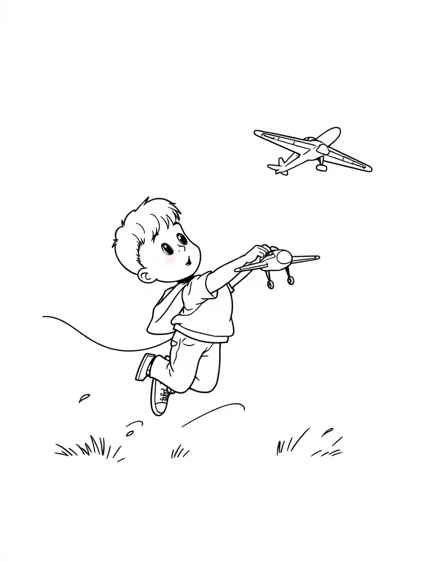 A boy playing with toy airplanes, performing aerial maneuvers.