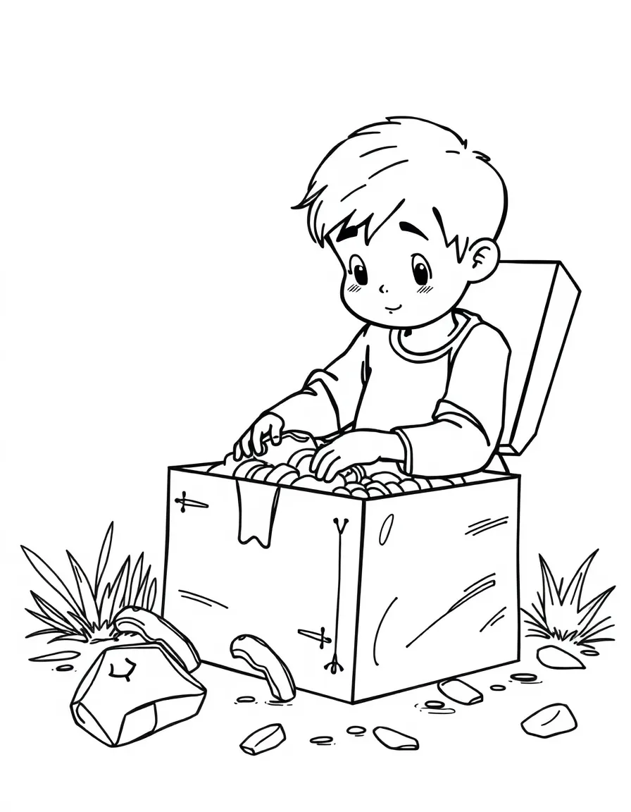A boy making a "treasure chest" out of a shoebox.