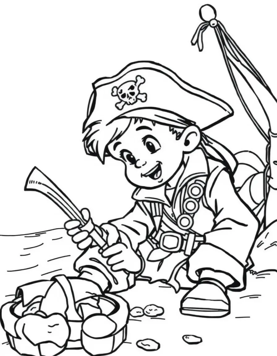 A boy playing with toy pirates, looking for hidden gold.