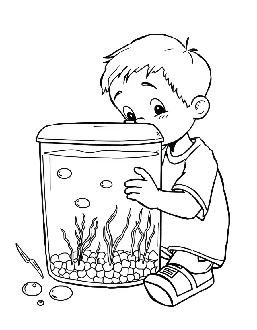 A boy making a "fish tank" out of a clear container.