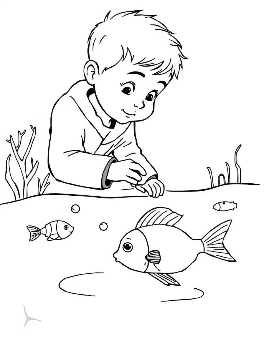 A boy playing with toy fish, making them swim.