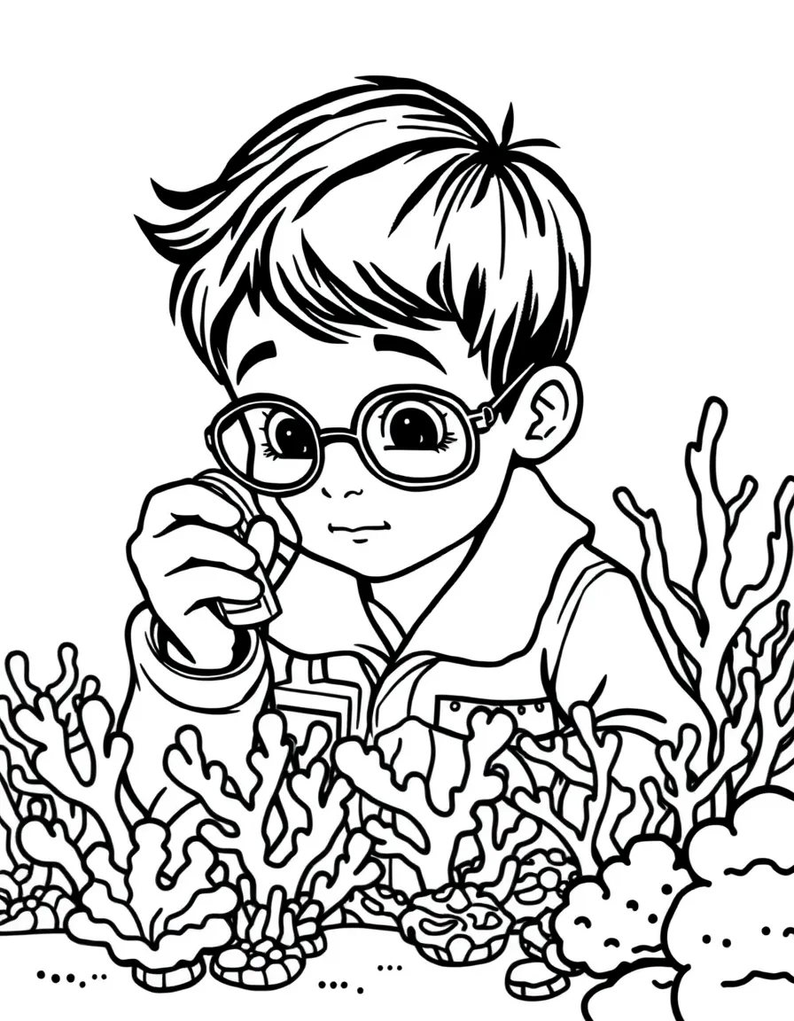 A boy pretending to be a marine biologist, studying toy coral reefs.