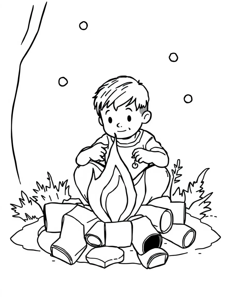 A boy making a "campfire" out of toilet paper rolls and tissue paper.