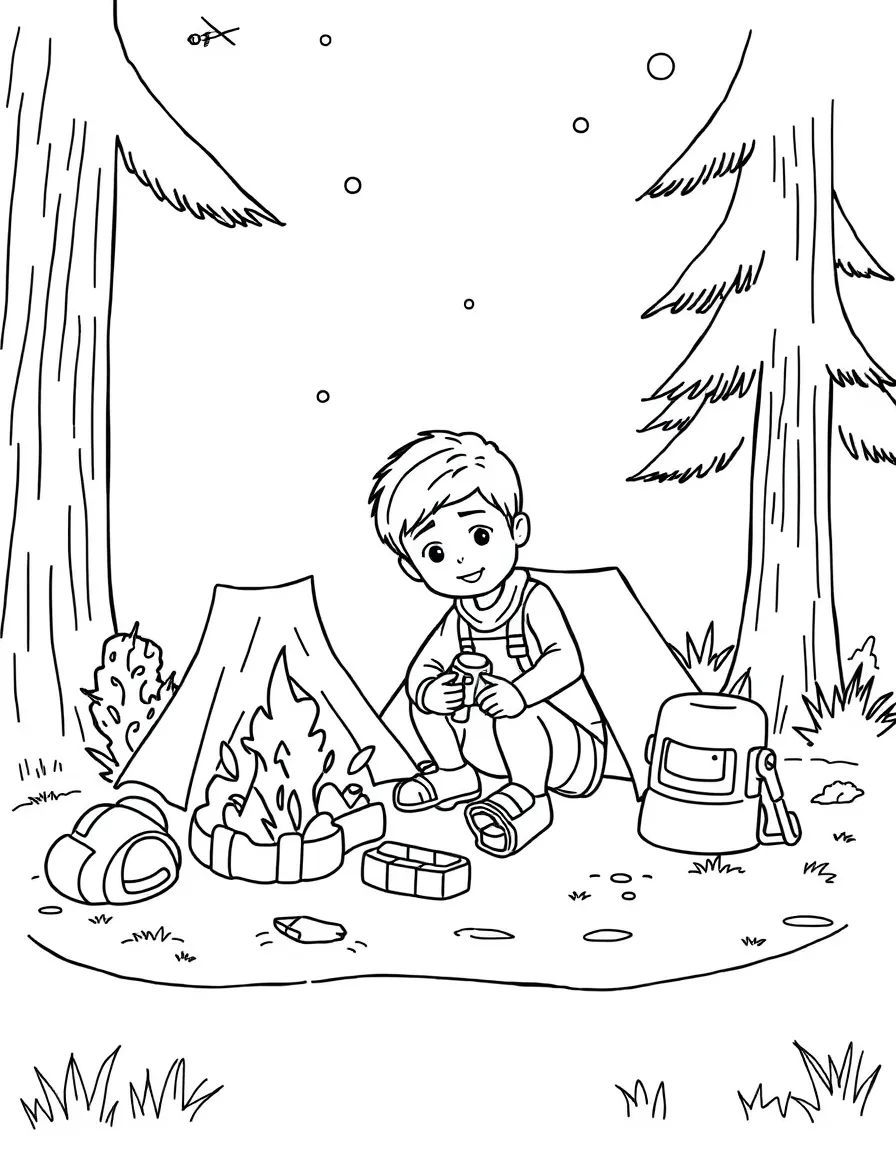 A boy playing with toy camping gear, setting up a pretend campsite.