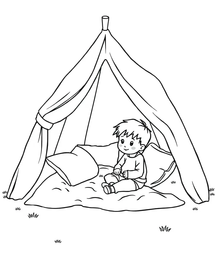 A boy making a "tent" out of a blanket and pillows.