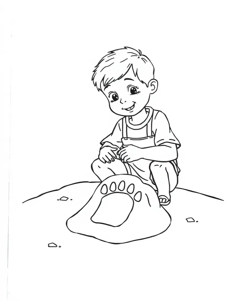 A boy making a "dinosaur footprint" with clay.