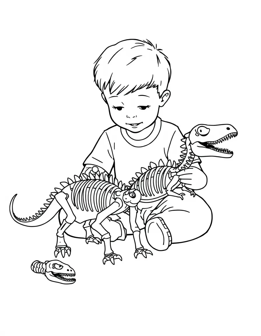 A boy playing with toy dinosaur skeletons, putting them together.