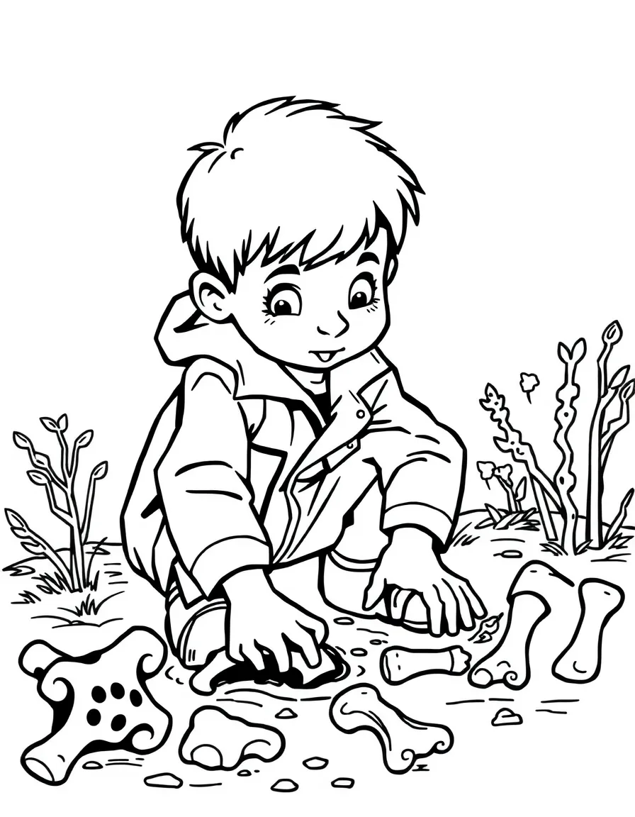 A boy pretending to be a paleontologist, digging for toy bones.