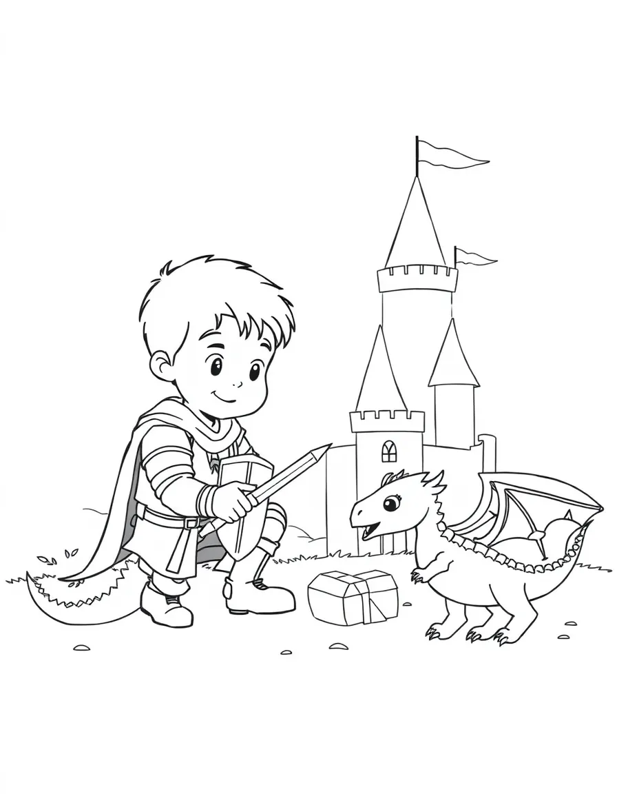 A boy playing with toy knights and dragons, battling for a castle.