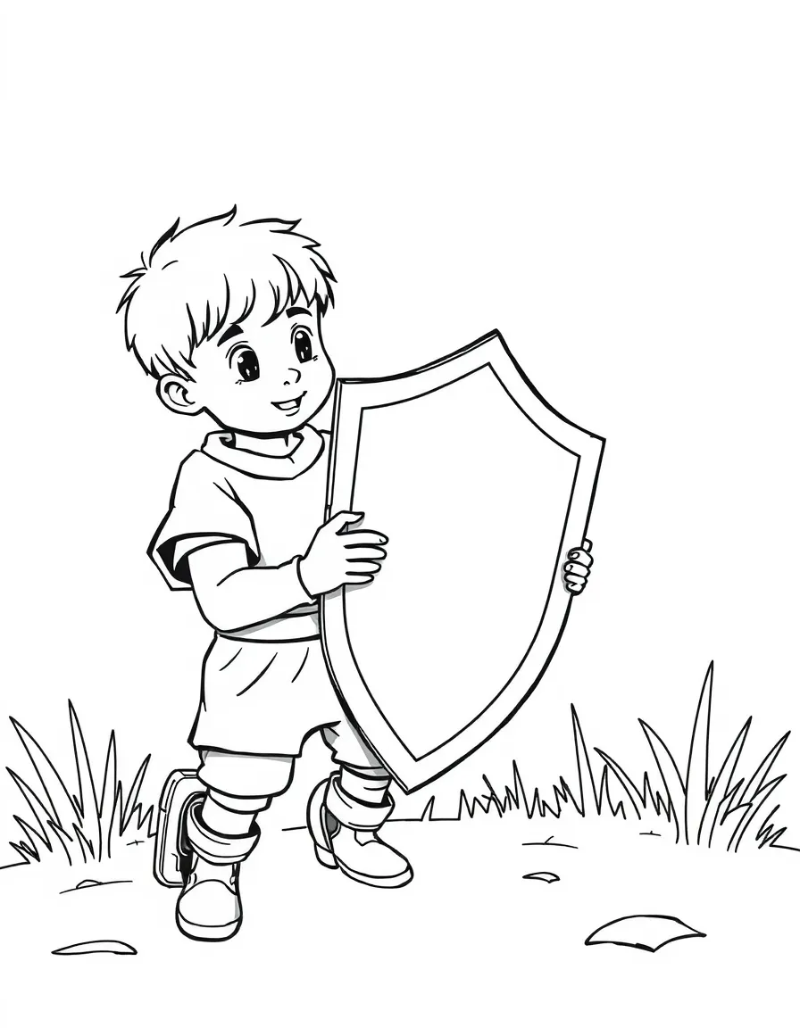 A boy making a "shield" out of cardboard.