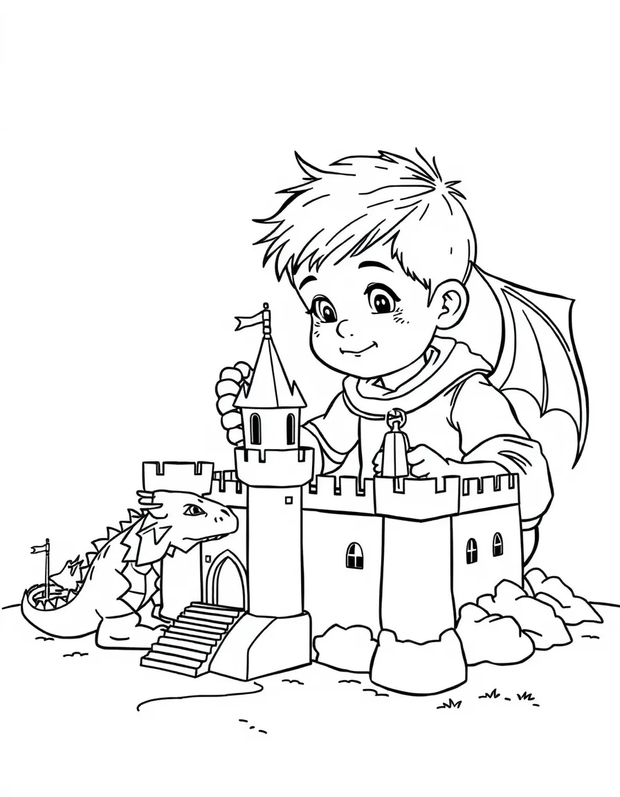 A boy playing with toy castles, defending them from dragons.