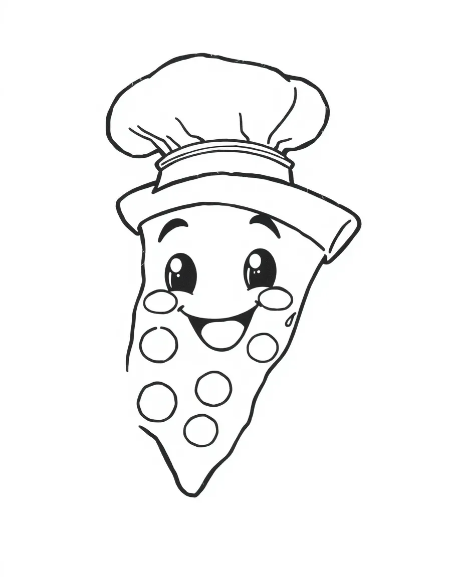 A happy pizza slice wearing a chef's hat.