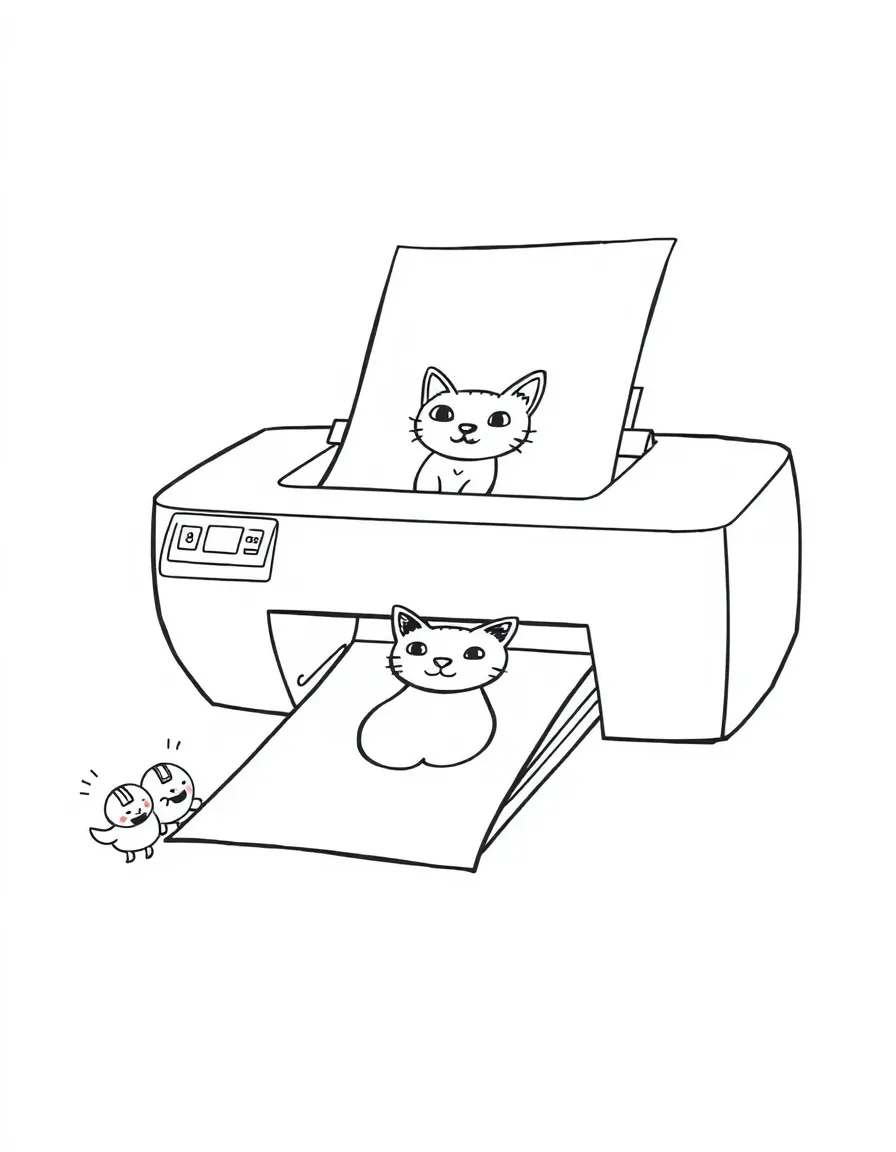 A busy printer happily spitting out a page with a picture of a cat, with little ink cartridge friends cheering it on.