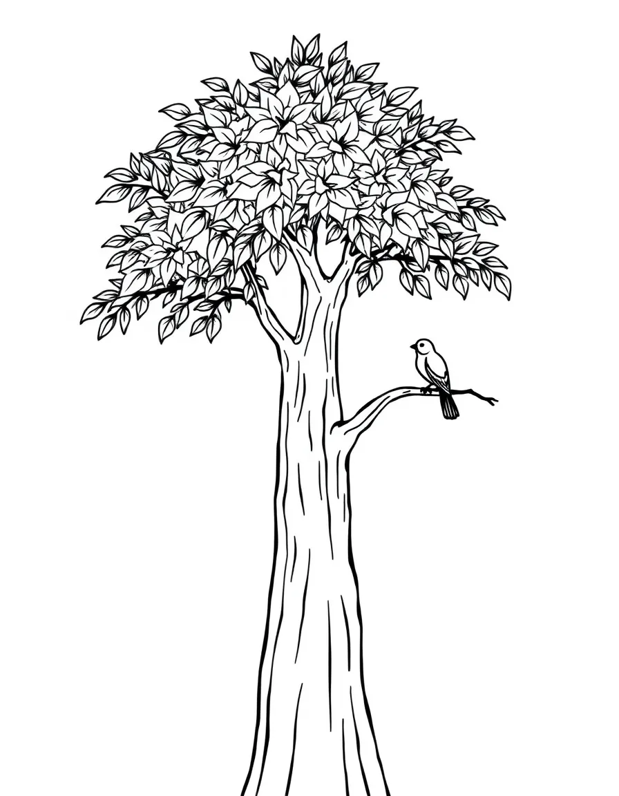 A tall, green tree with lots of leaves and a friendly bird perched on one branch.