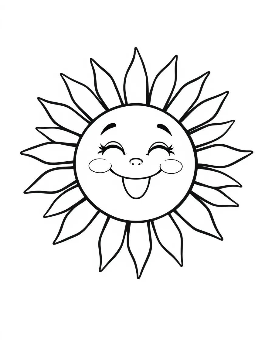 A cheerful sun with big rays, smiling down on the world.