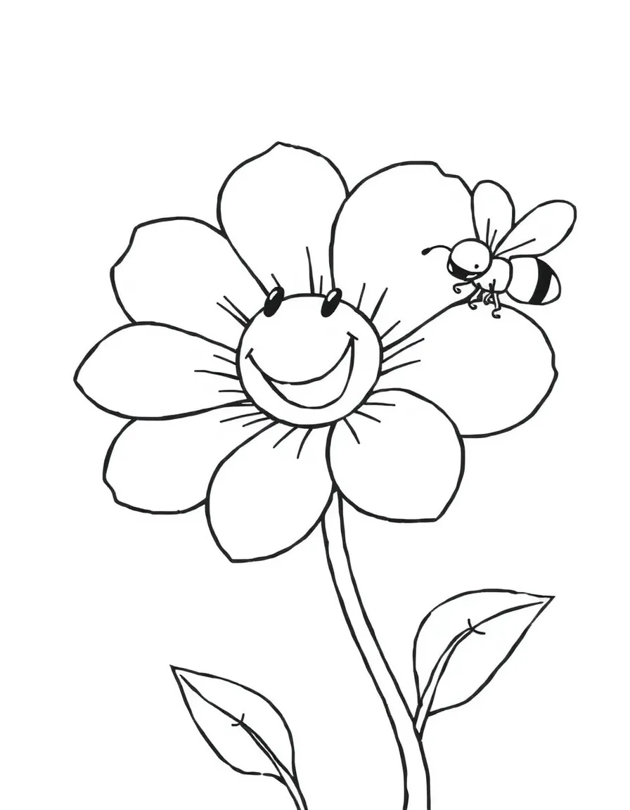 A happy flower with big petals and a buzzing bee flying nearby.