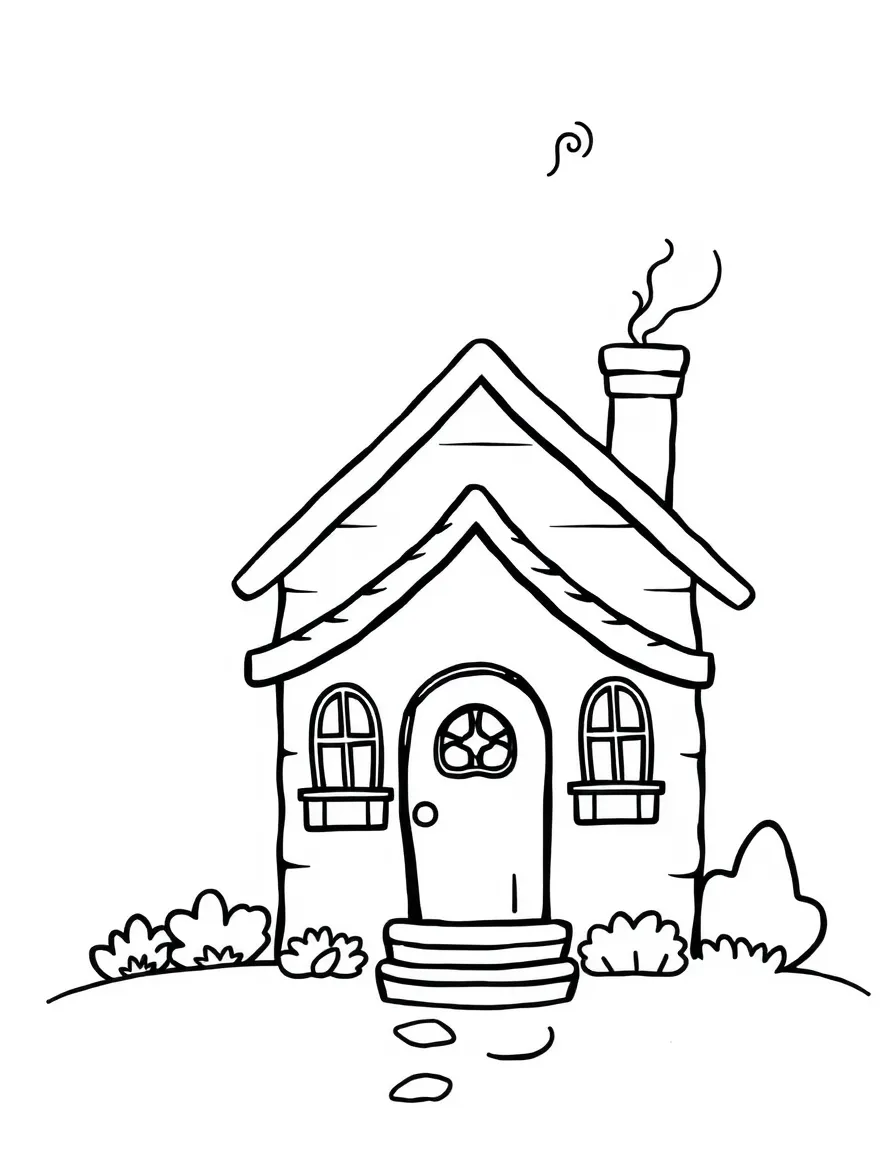 A cute little house with a smoking chimney and a welcoming front door.