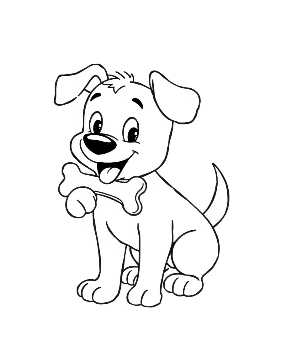 A playful dog wagging its tail and holding a bone.