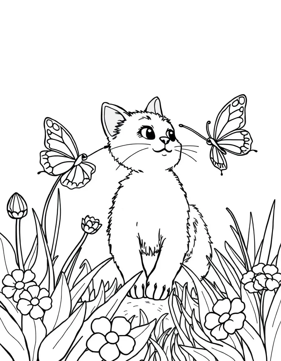 A curious cat chasing a butterfly in a garden.