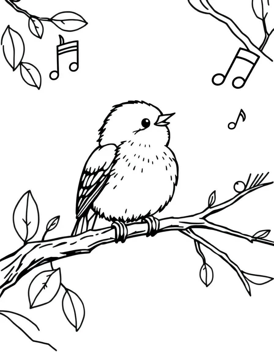 A tiny bird singing on a branch with musical notes floating around.