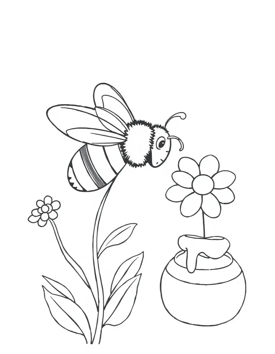 A busy bee flying to a flower with a little honey pot next to it.