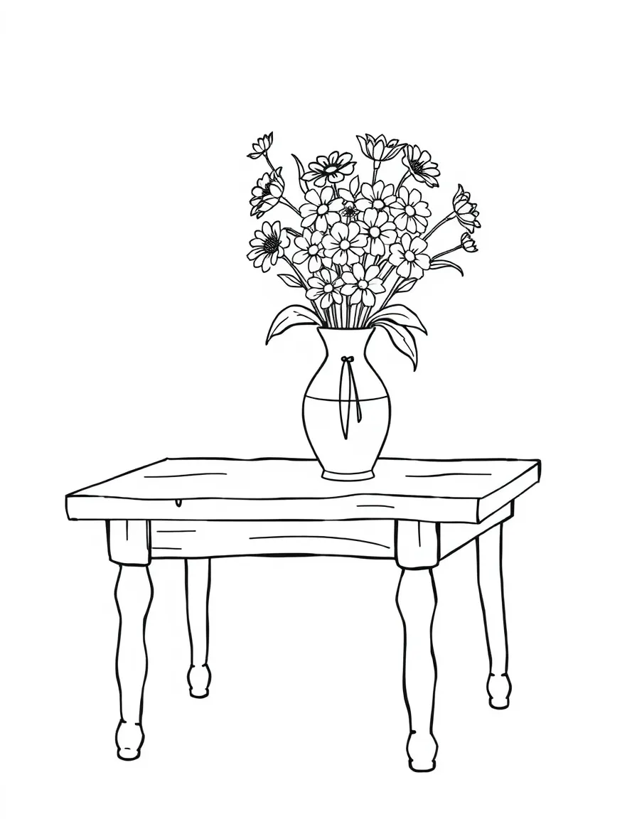 A sturdy table with a vase of flowers on top.