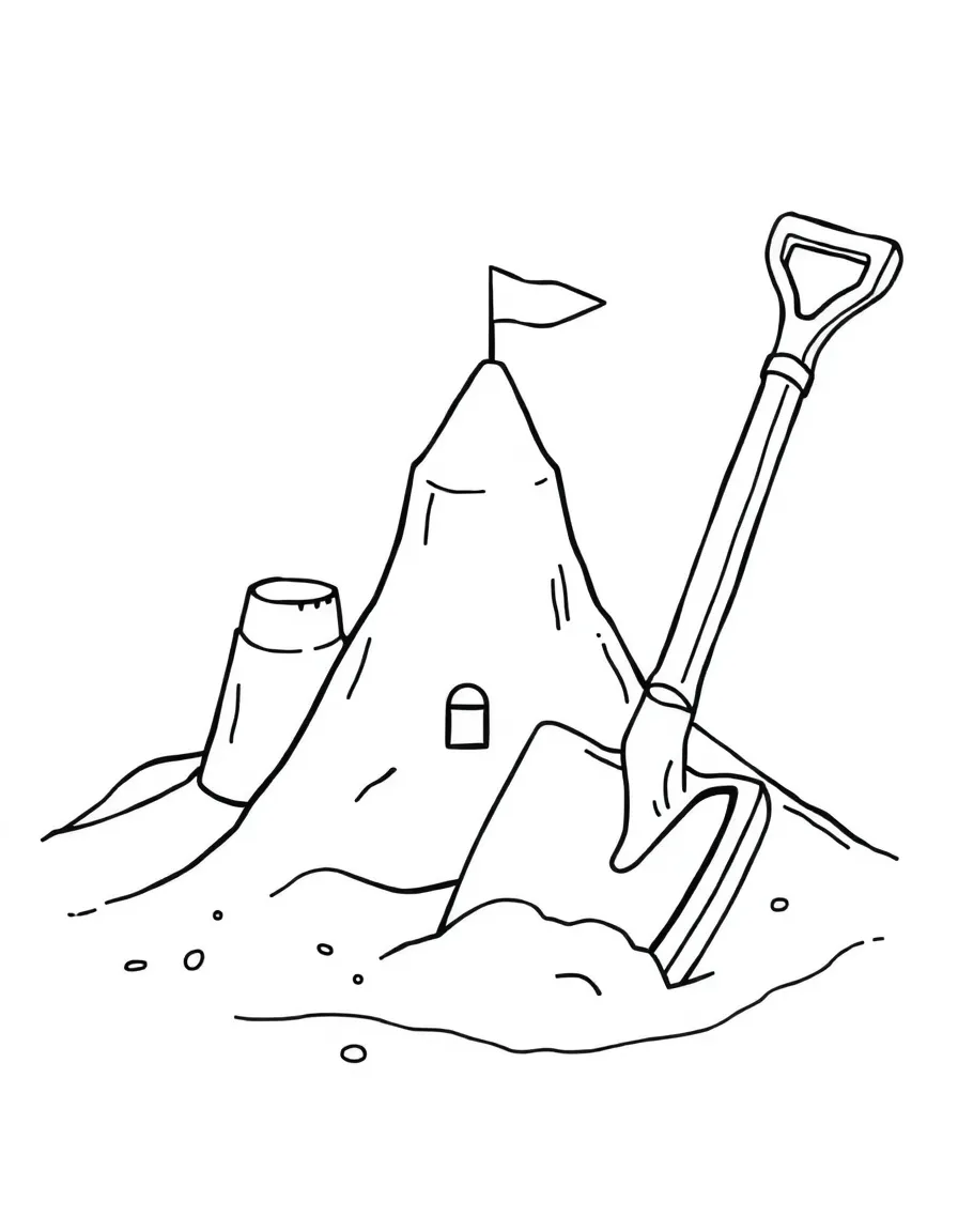 A digging shovel next to a sandcastle.