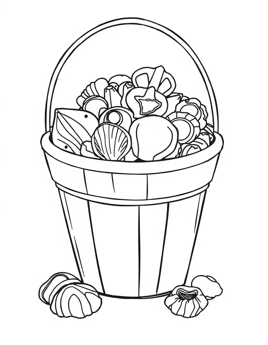 A happy bucket full of seashells.