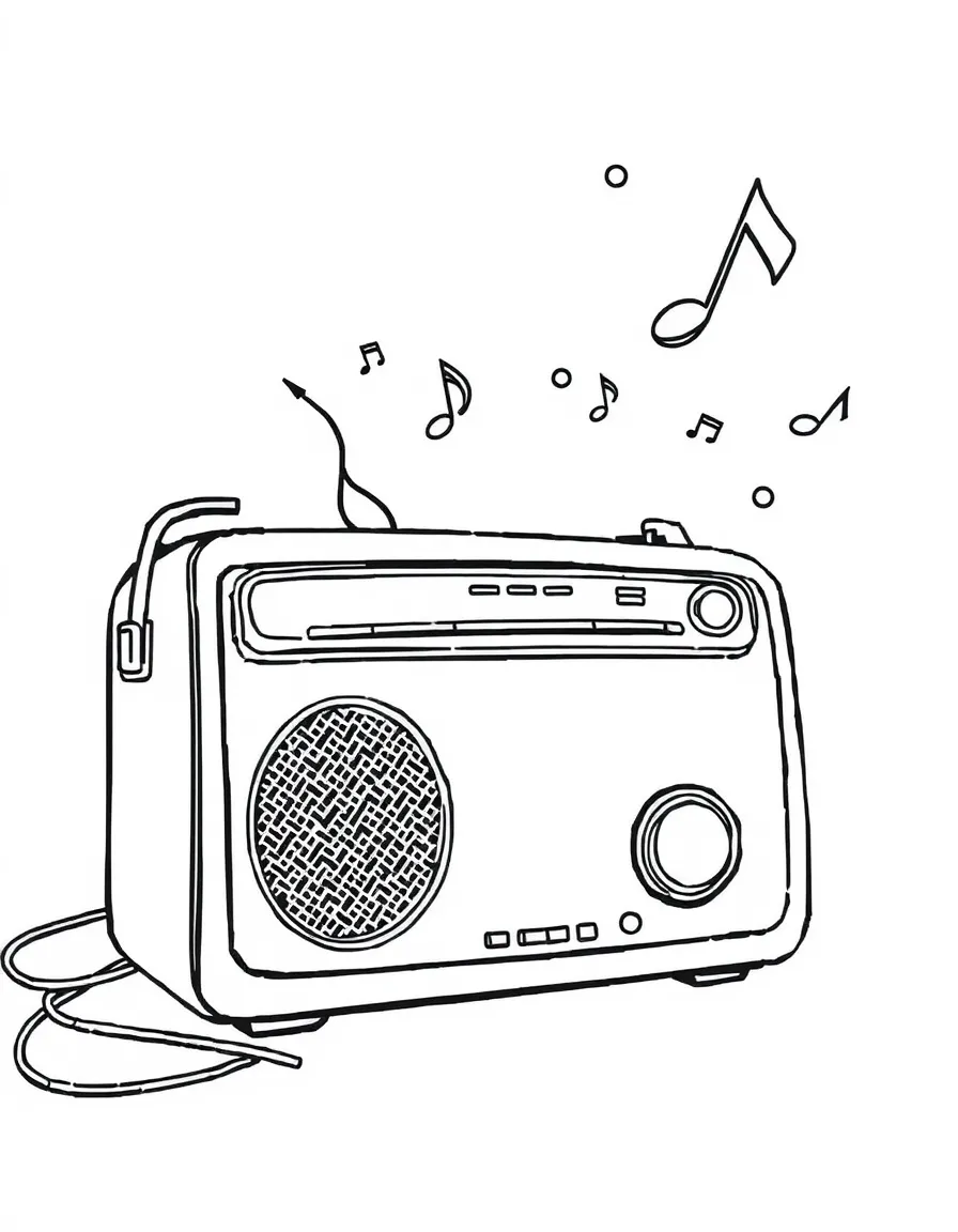 A singing radio with musical notes floating out.