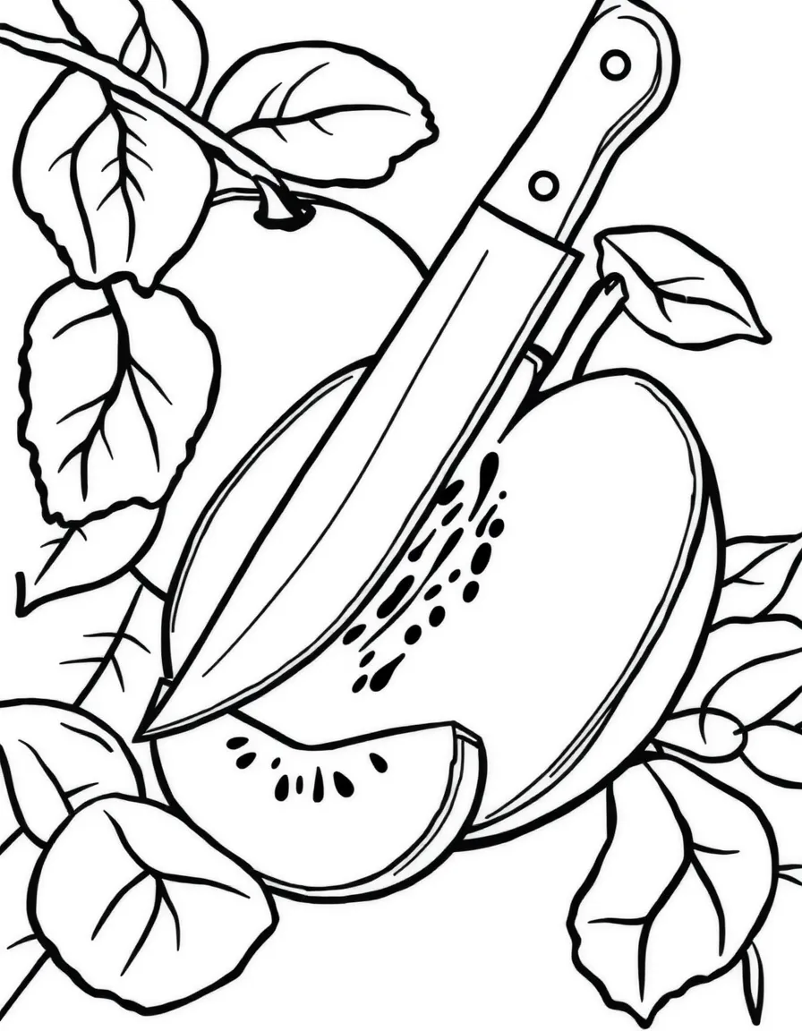 A sharp knife cutting a piece of fruit.