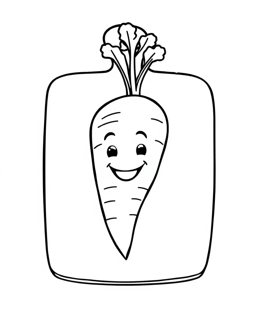 A sturdy cutting board with a happy carrot.