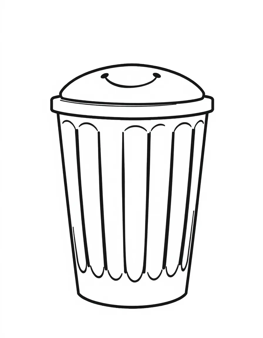 A colorful trash can with a happy lid.