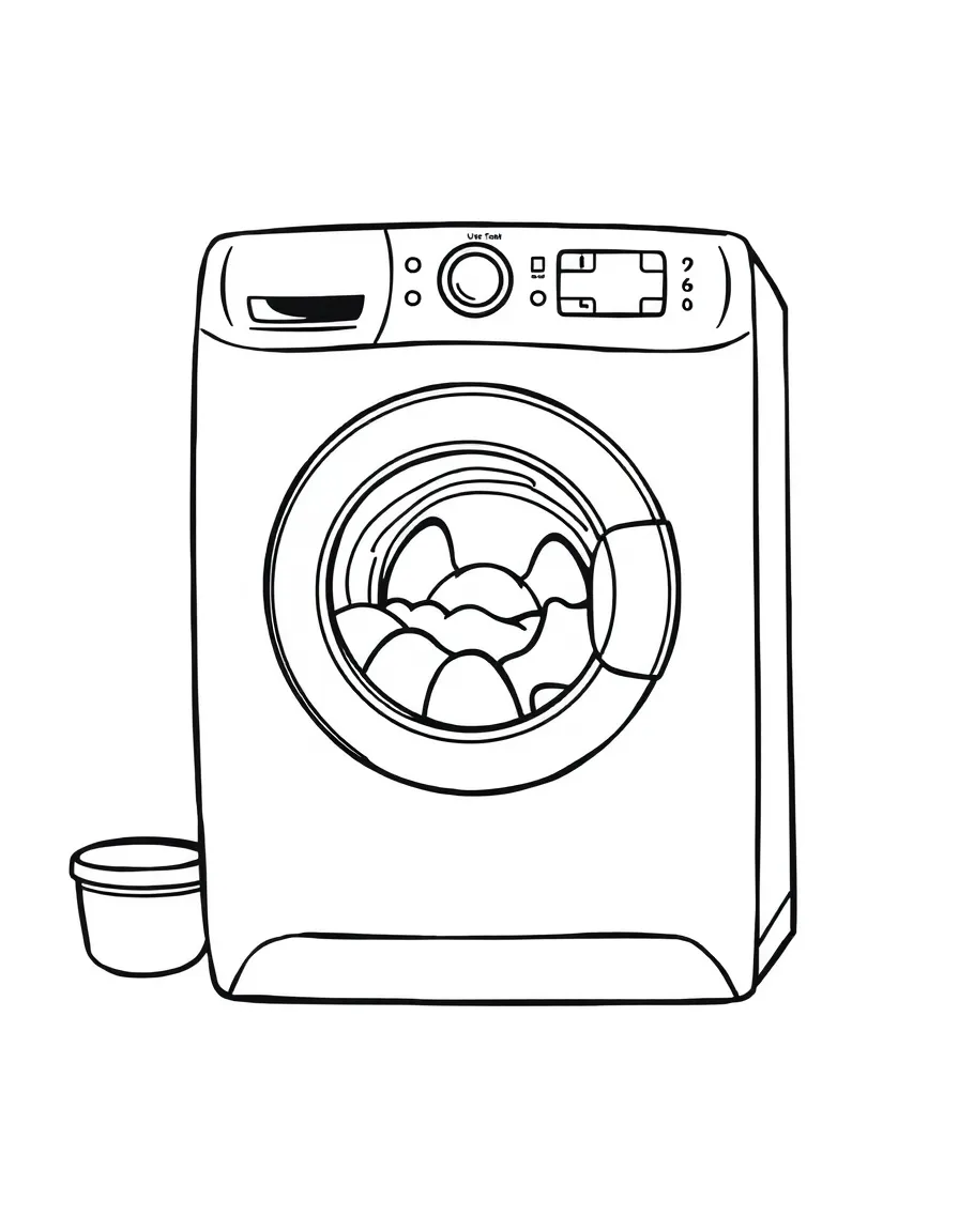 A happy washing machine spinning clothes.