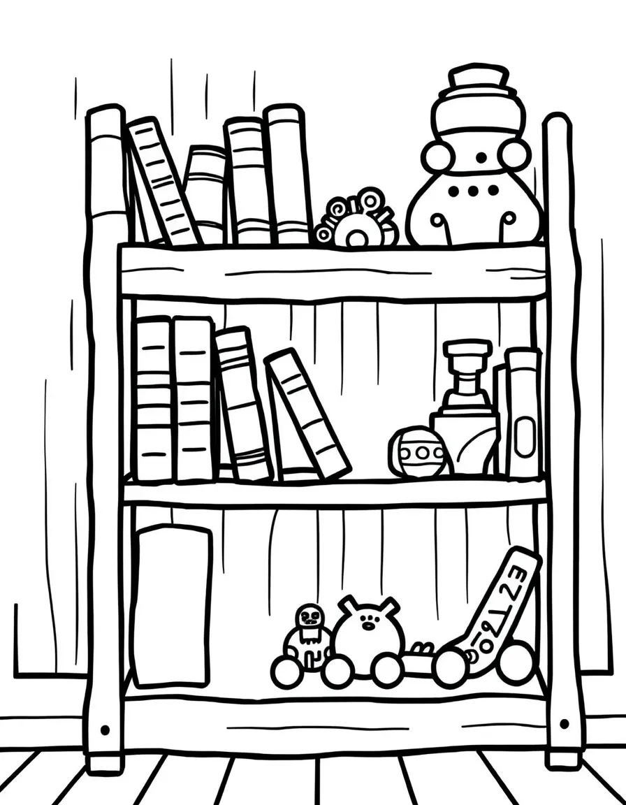 A sturdy shelf with books and toys.