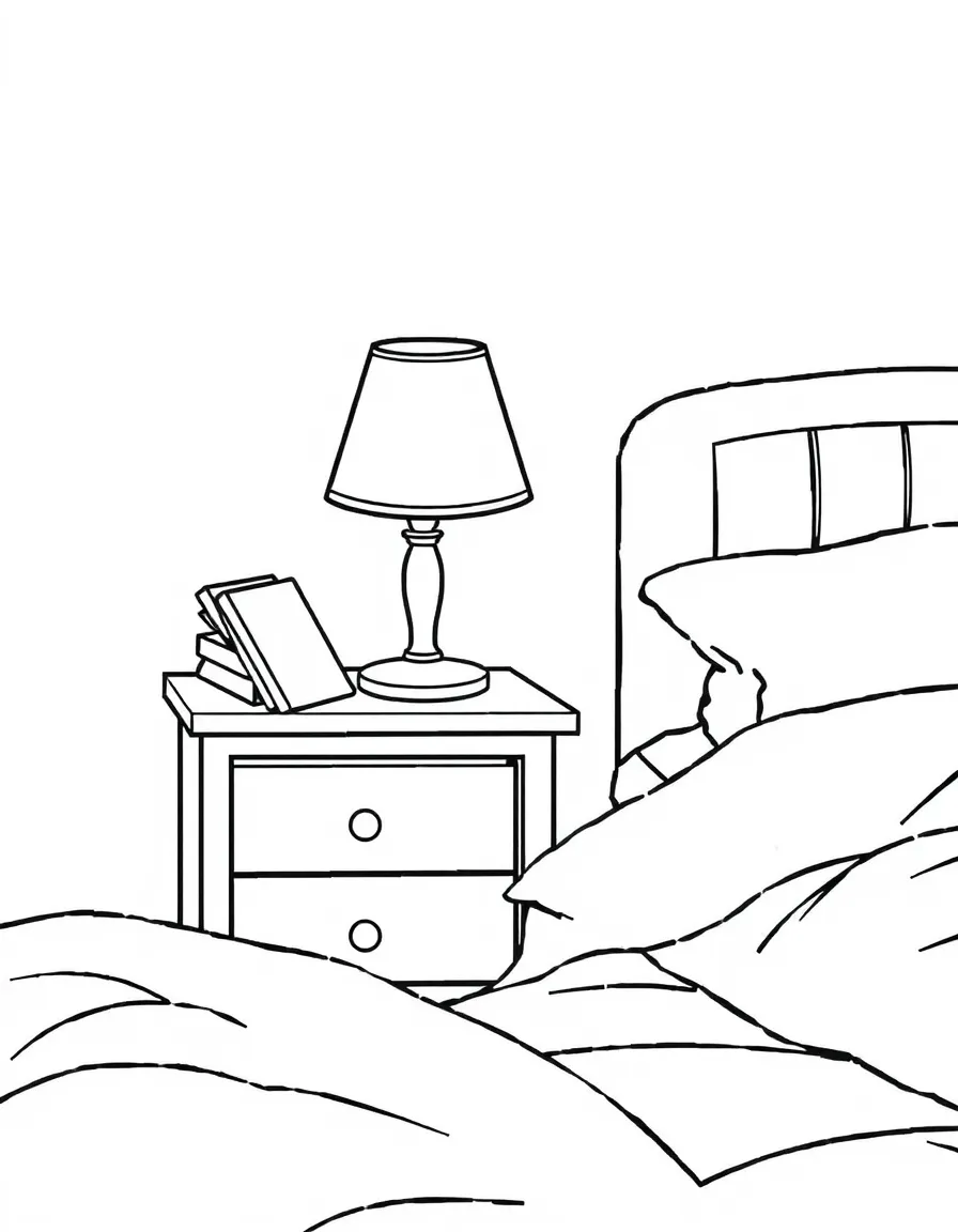 A comfy bedside table with a lamp and a book.