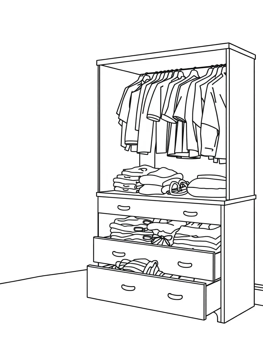 A spacious dresser with drawers full of clothes.