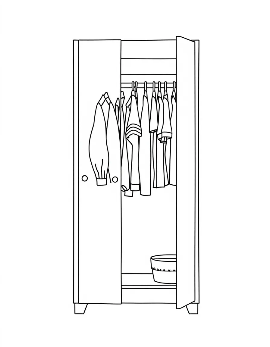 A tall wardrobe with hanging clothes.
