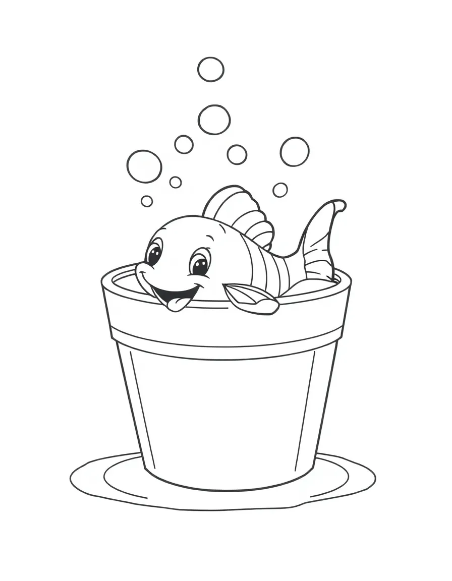 A bubbly bucket of water with a happy fish.
