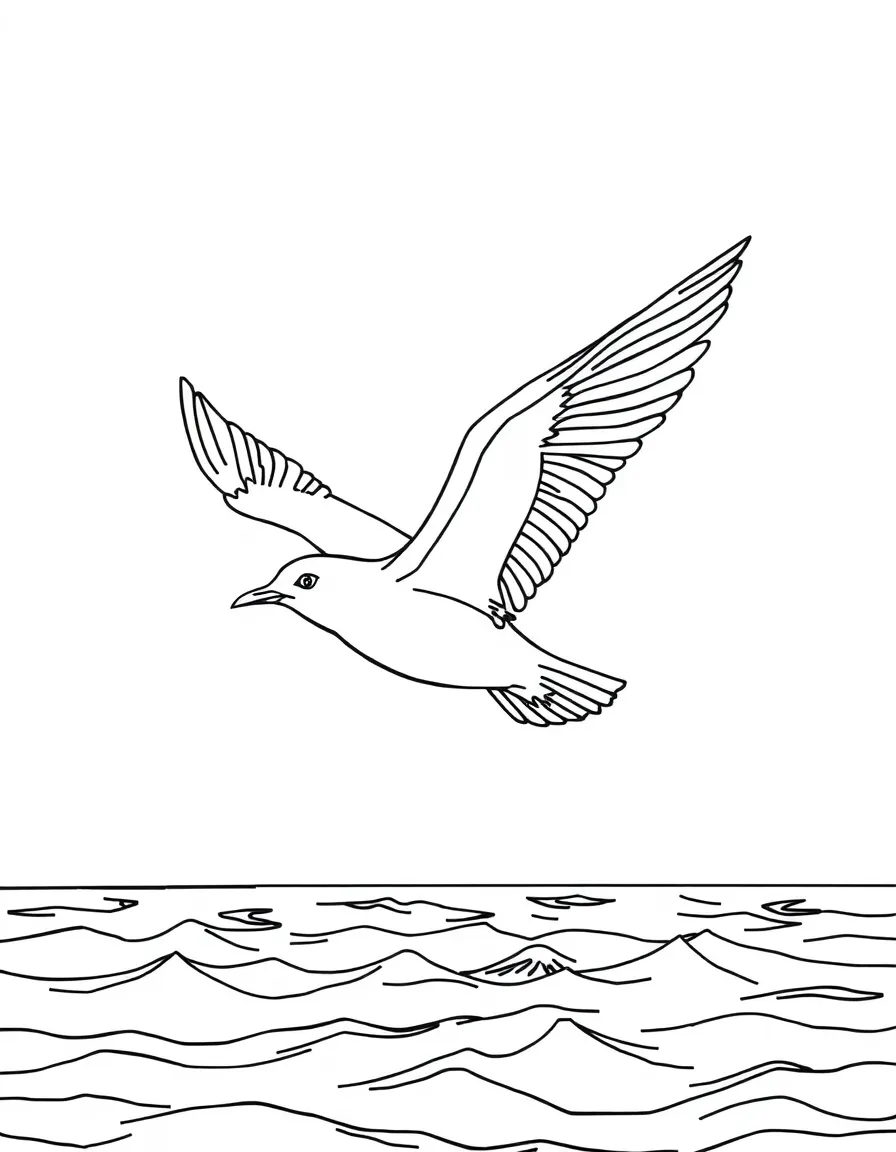 A soaring seagull flying over the ocean.