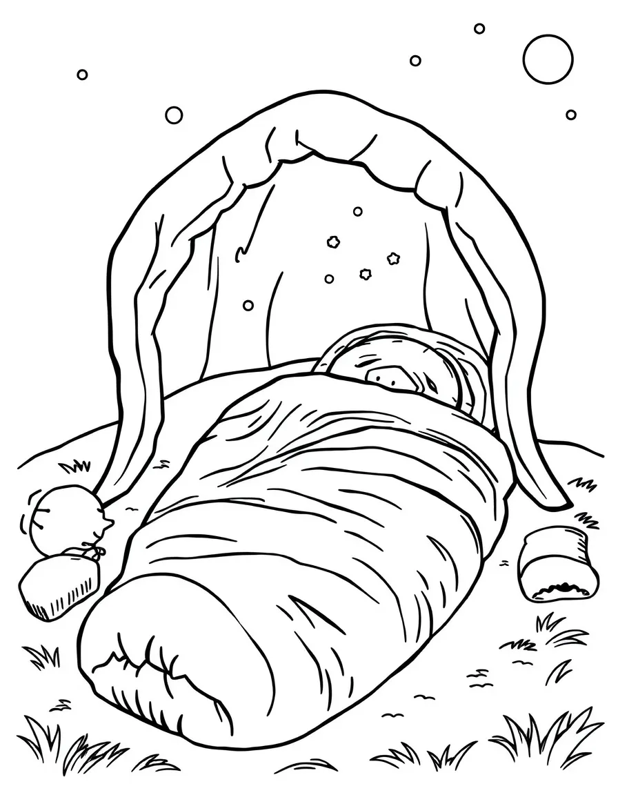 A warm sleeping bag ready for camping.