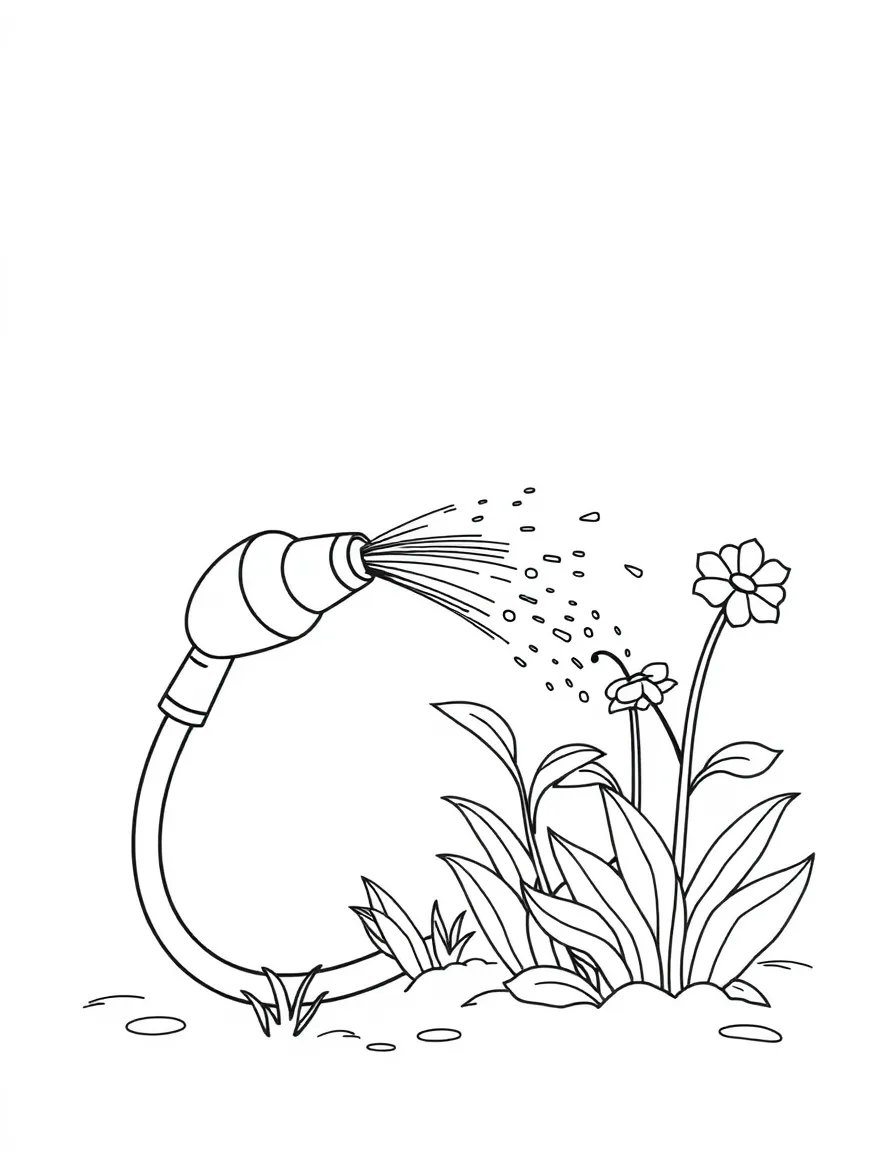 A bouncy garden hose watering plants.