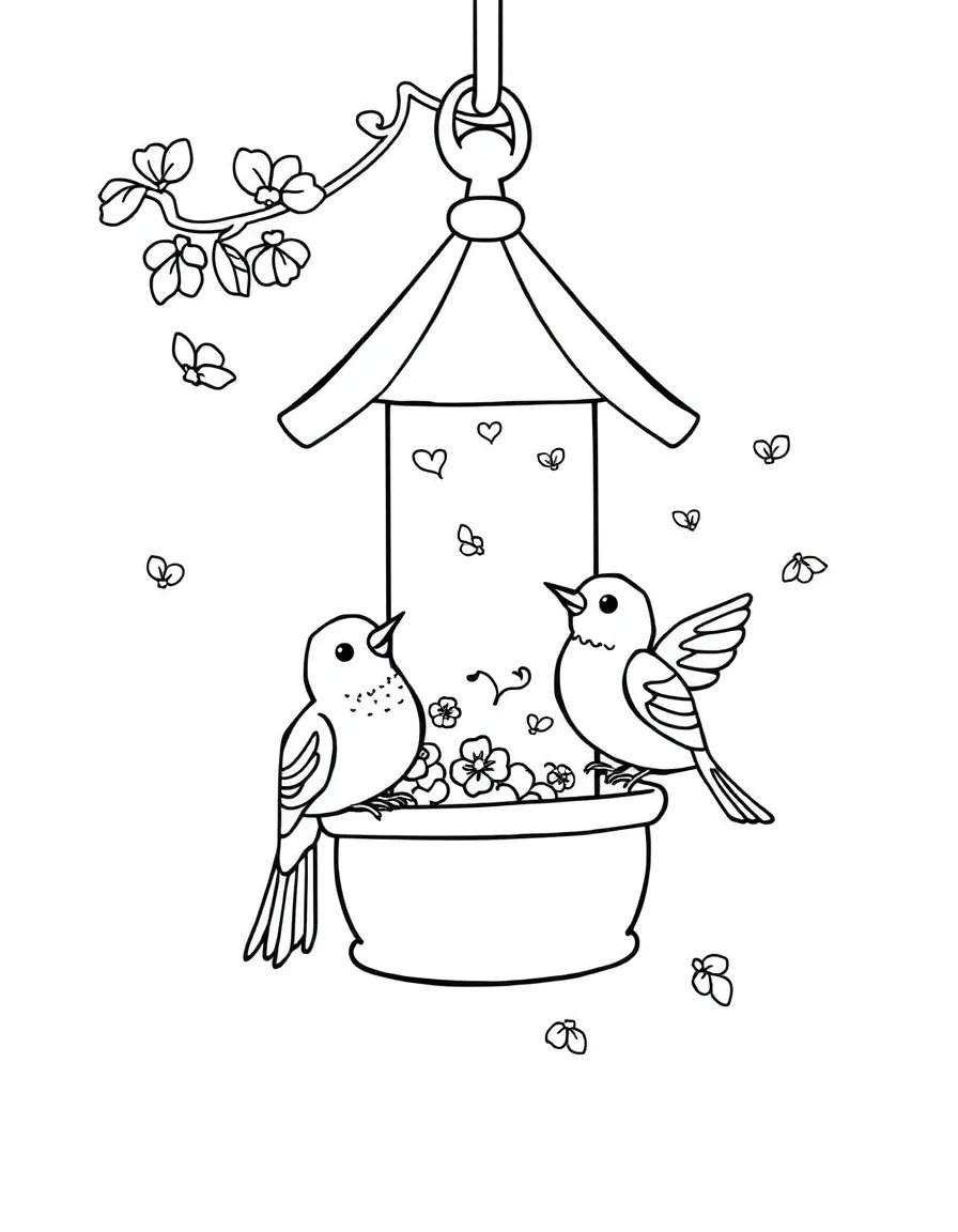 A happy bird feeder with singing birds.