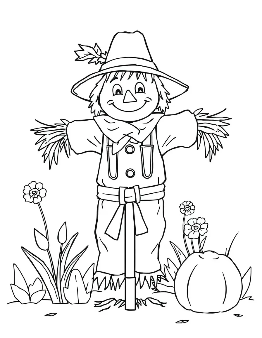 A friendly scarecrow guarding a garden.