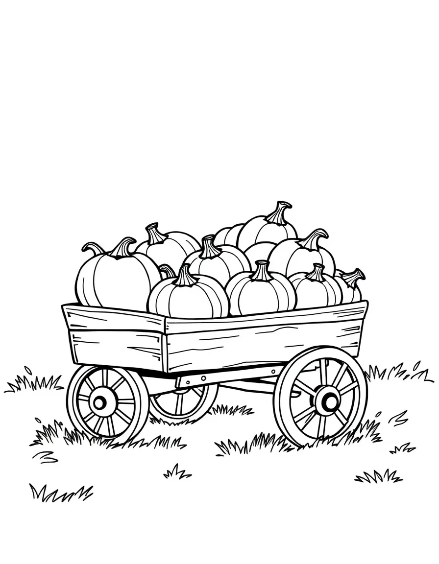 A wobbly wagon full of pumpkins.