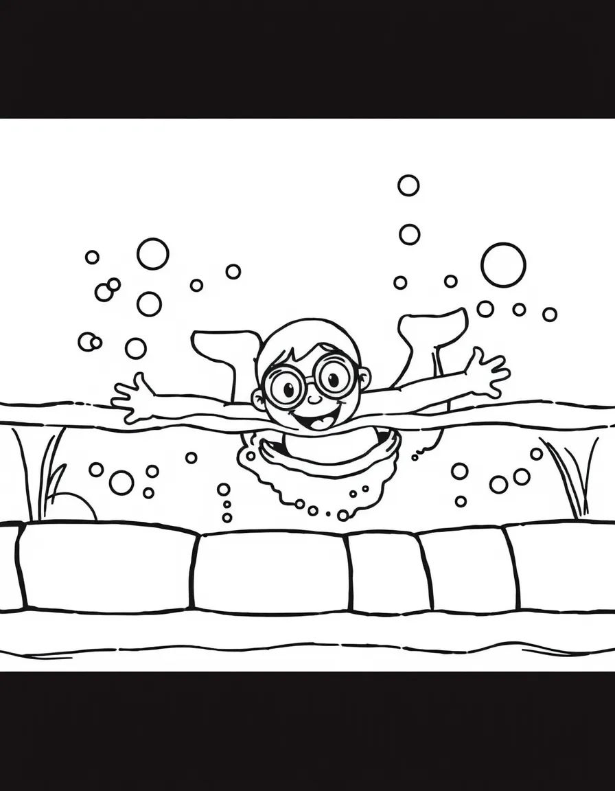 A bubbly swimming pool with a happy diver.
