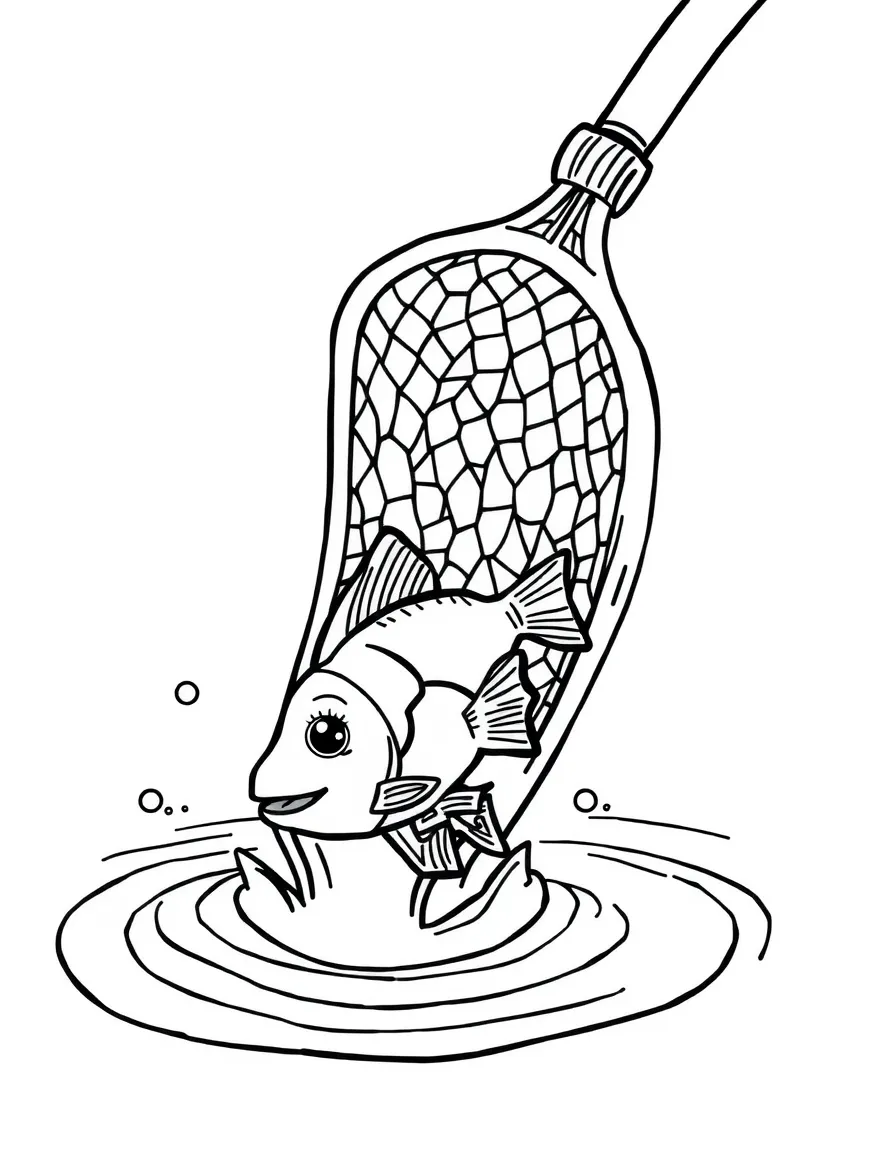 A happy fishing net scooping up fish.